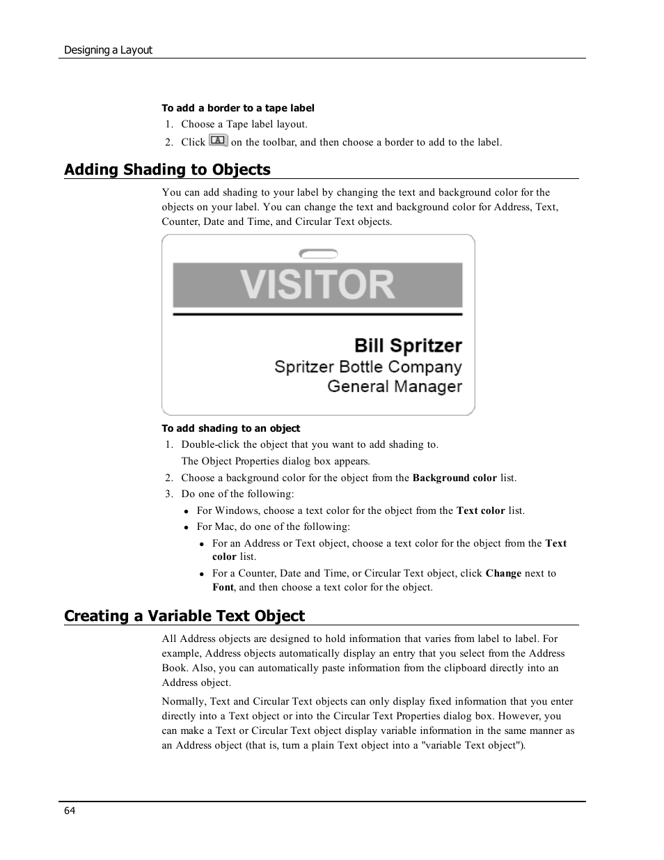 Adding shading to objects, Creating a variable text object, Add shading to your label | Variable text objects | Dymo LabelWriter 300,310,320,330 DLS 8 User Manual | Page 72 / 122