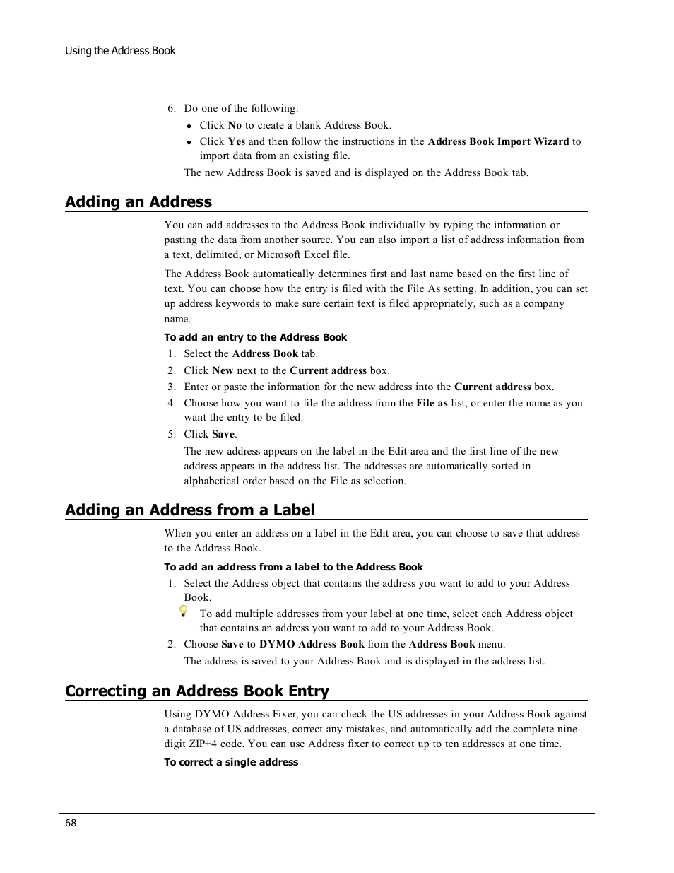 Adding an address, Adding an address from a label, Correcting an address book entry | Dymo LabelWriter 300,310,320,330 DLS 8 User Manual | Page 76 / 122