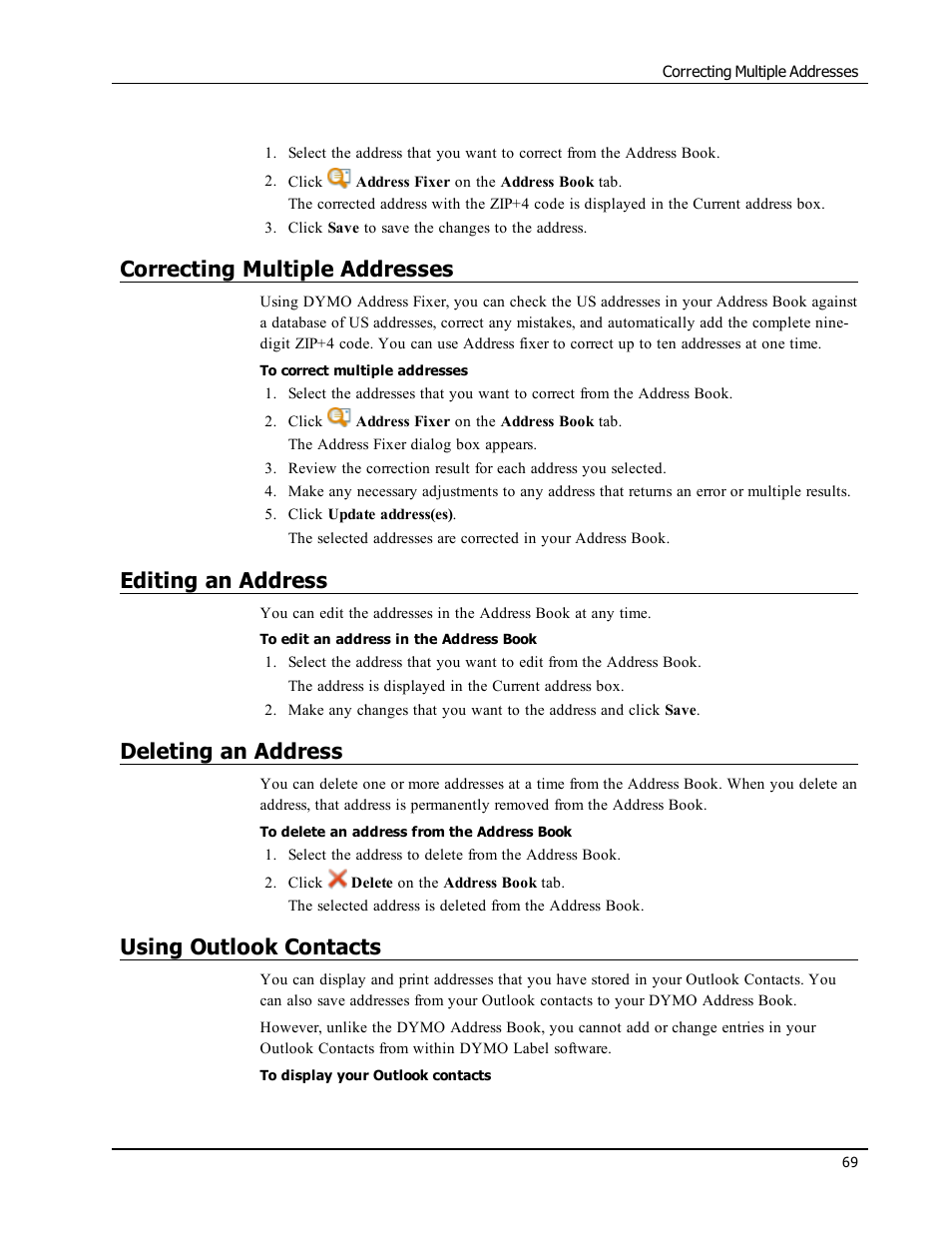 Correcting multiple addresses, Editing an address, Deleting an address | Using outlook contacts | Dymo LabelWriter 300,310,320,330 DLS 8 User Manual | Page 77 / 122