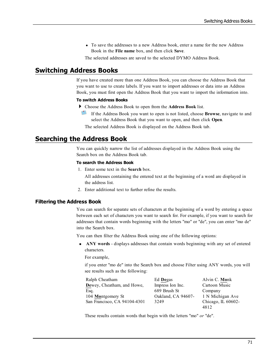 Switching address books, Searching the address book, Filtering the address book | Dymo LabelWriter 300,310,320,330 DLS 8 User Manual | Page 79 / 122