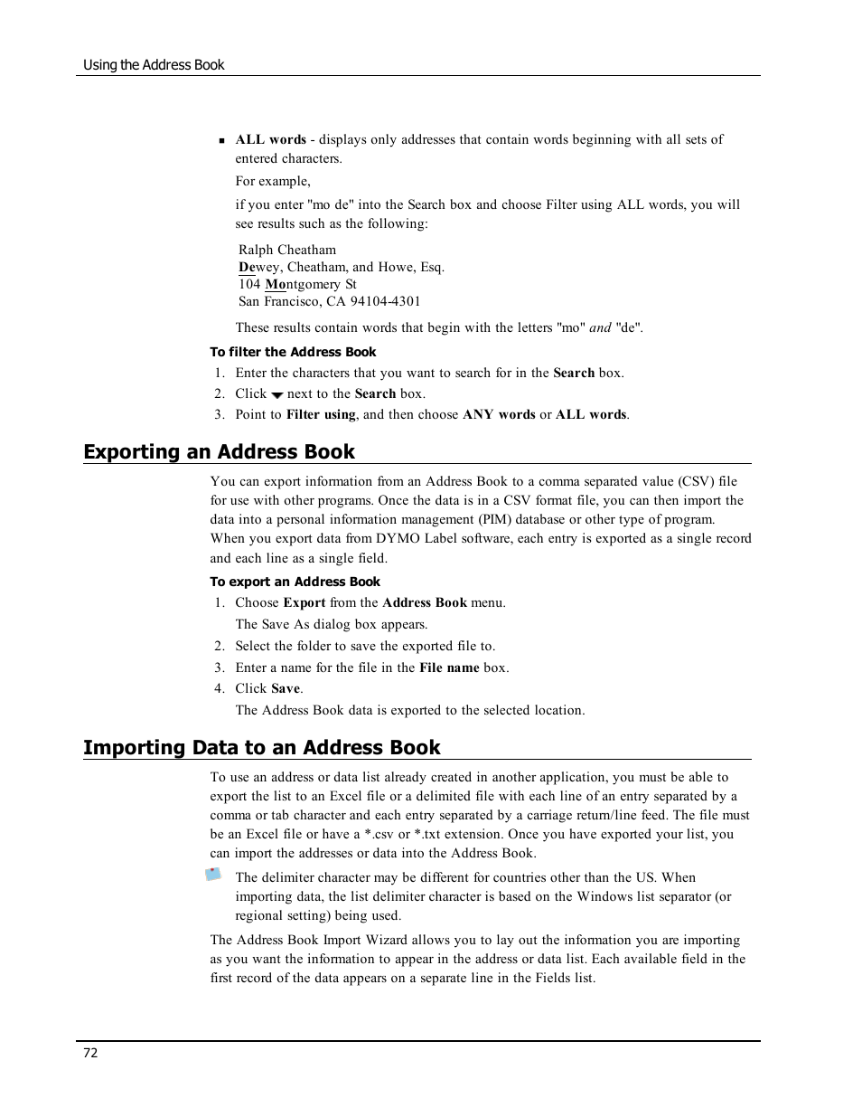 Exporting an address book, Importing data to an address book | Dymo LabelWriter 300,310,320,330 DLS 8 User Manual | Page 80 / 122