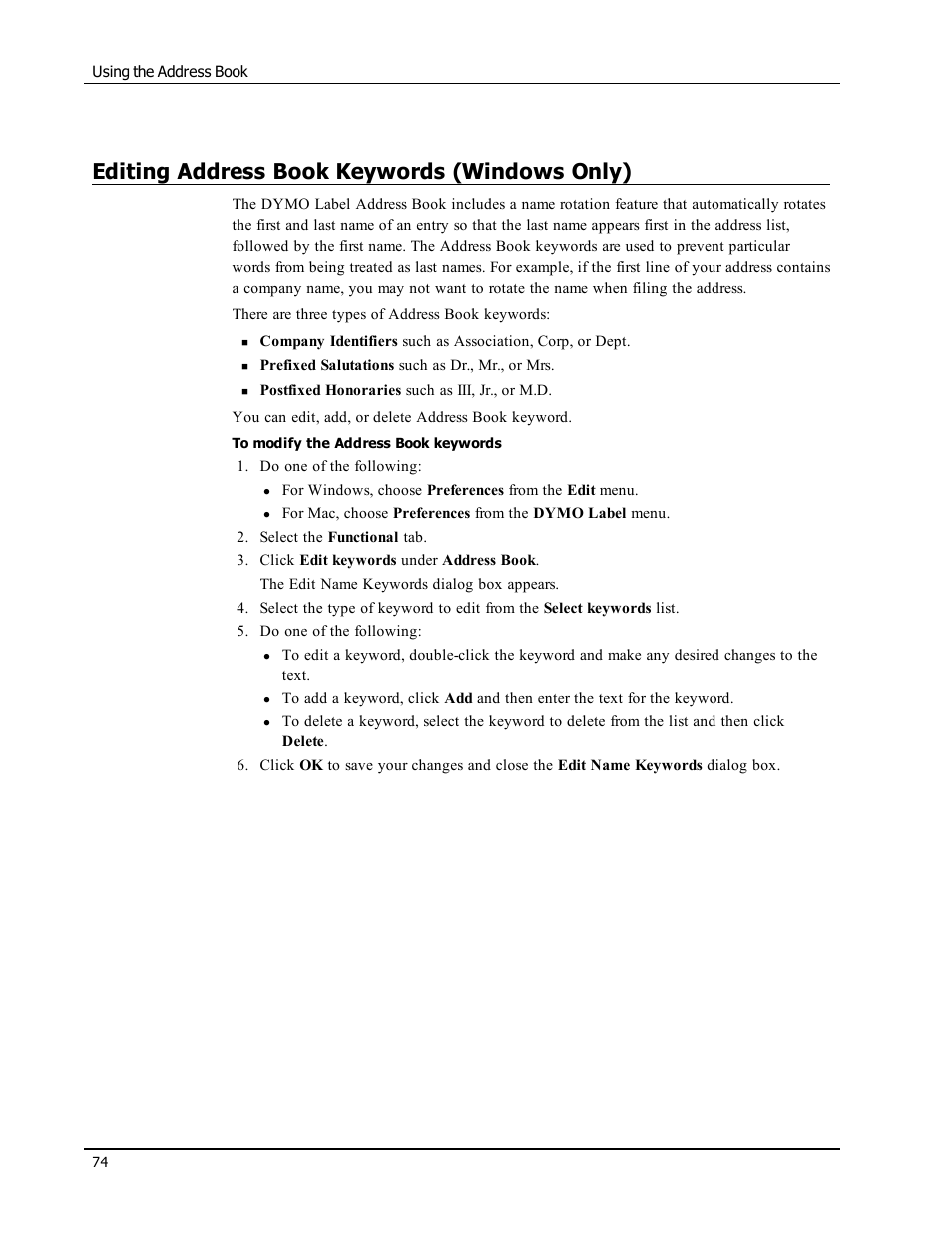 Editing address book keywords (windows only) | Dymo LabelWriter 300,310,320,330 DLS 8 User Manual | Page 82 / 122