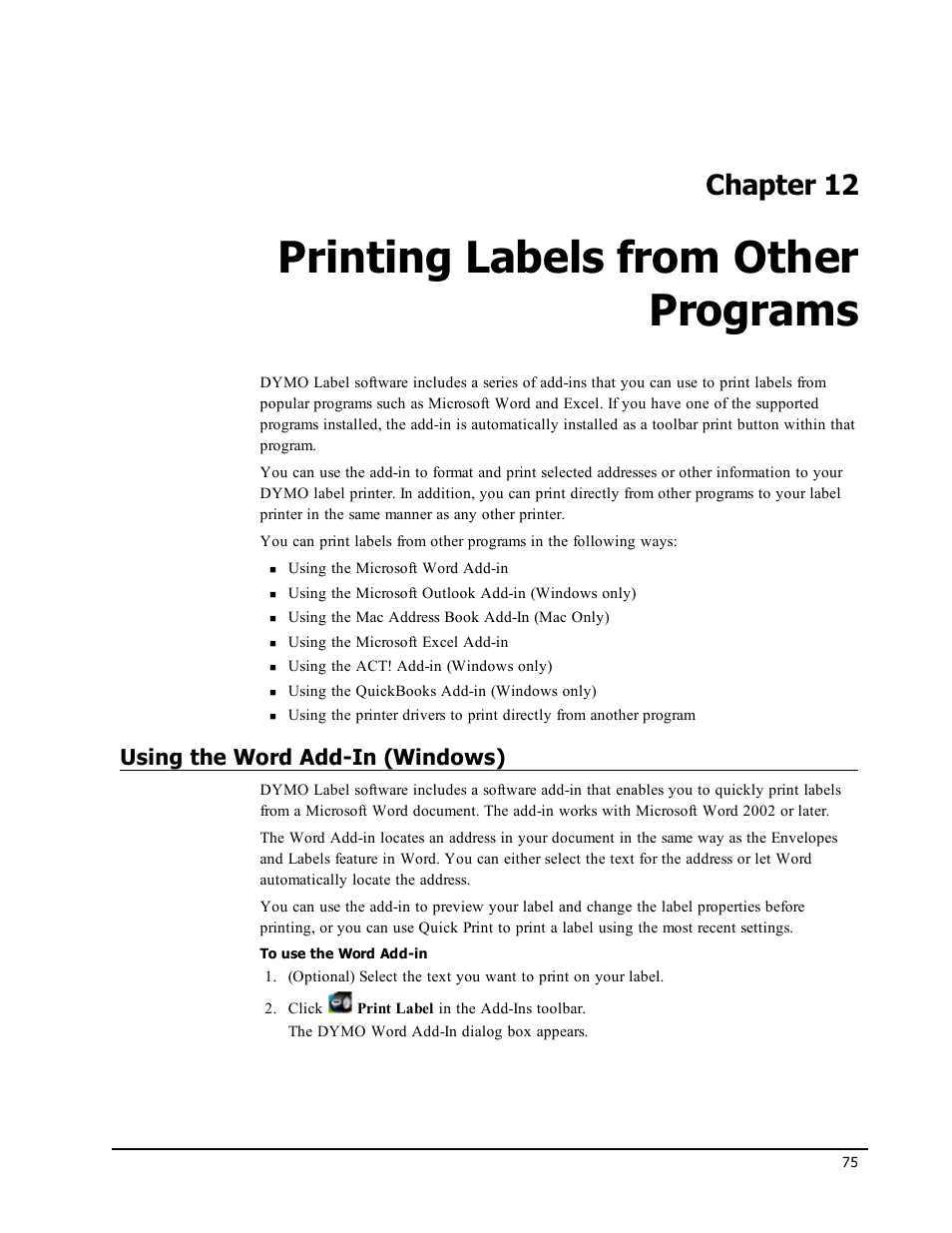 Printing labels from other programs, Using the word add-in (windows), Chapter 12 | Dymo LabelWriter 300,310,320,330 DLS 8 User Manual | Page 83 / 122