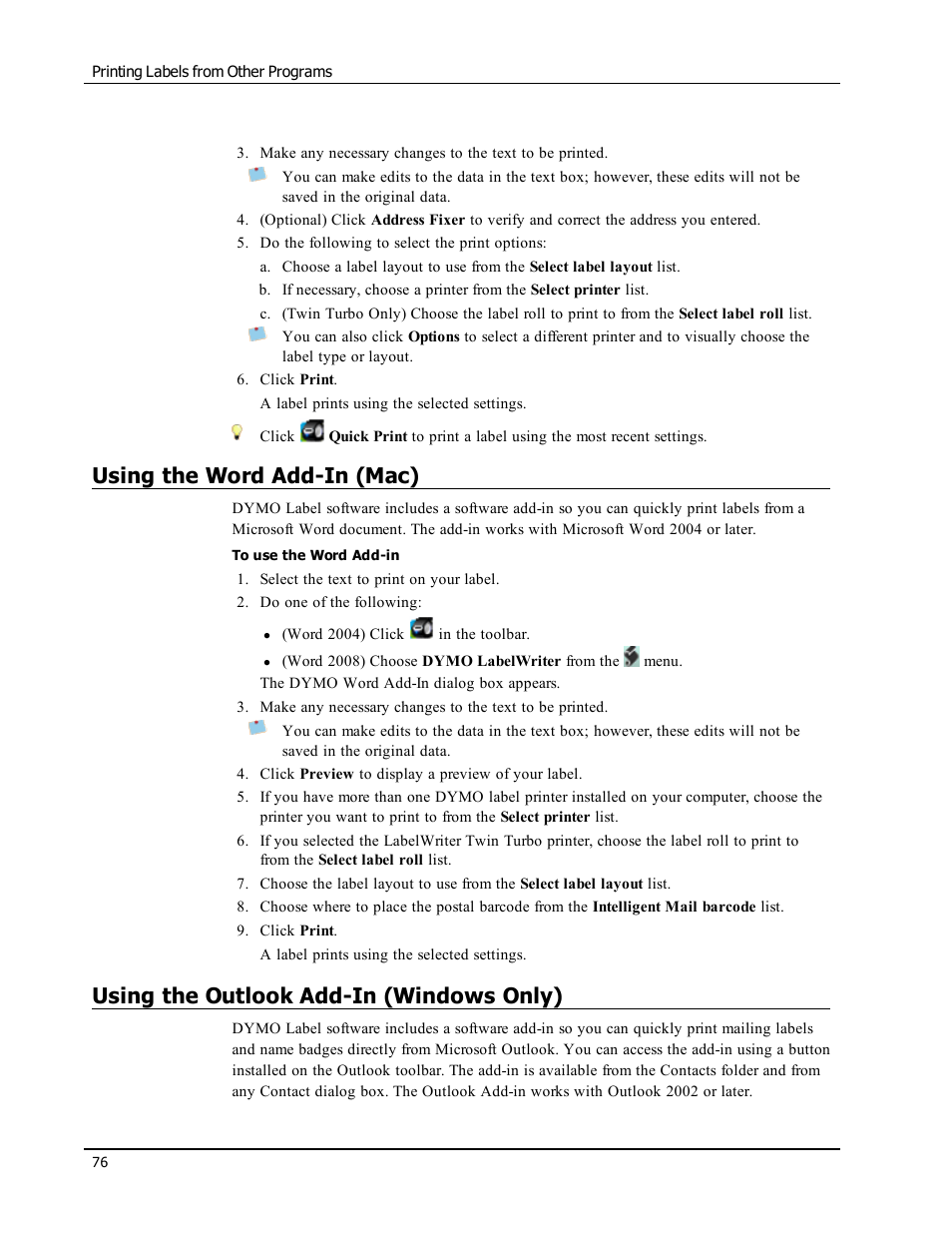 Using the word add-in (mac), Using the outlook add-in (windows only), Using the microsoft outlook add-in (windows only) | Dymo LabelWriter 300,310,320,330 DLS 8 User Manual | Page 84 / 122