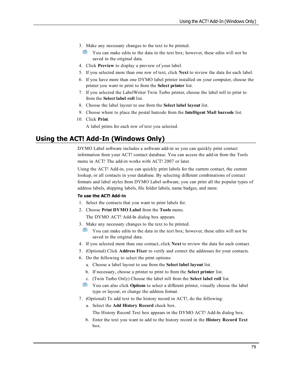 Using the act! add-in (windows only) | Dymo LabelWriter 300,310,320,330 DLS 8 User Manual | Page 87 / 122