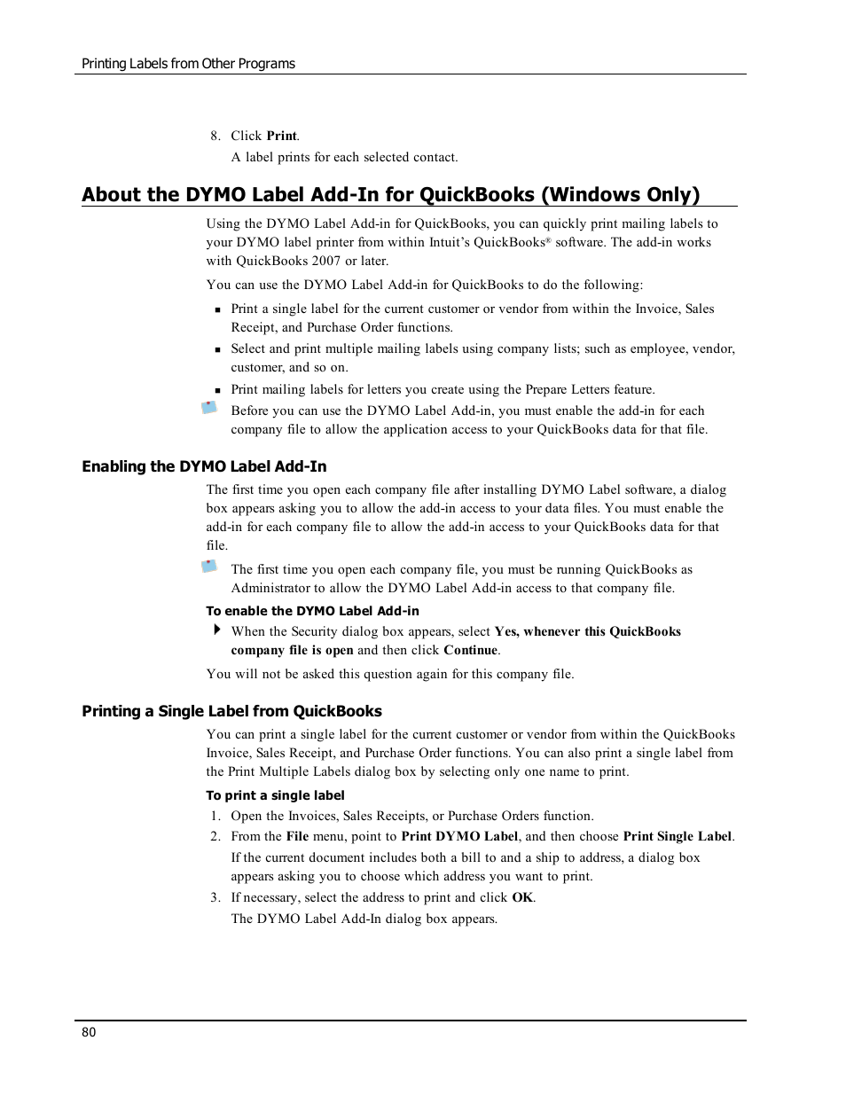 Enabling the dymo label add-in, Printing a single label from quickbooks, Using the quickbooks add-in (windows only) | Dymo LabelWriter 300,310,320,330 DLS 8 User Manual | Page 88 / 122