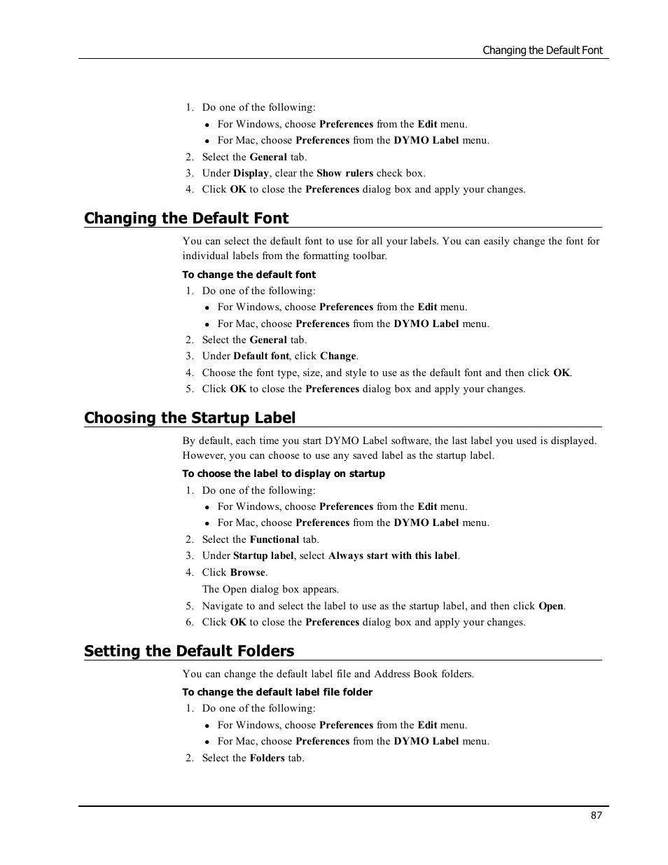 Changing the default font, Choosing the startup label, Setting the default folders | Change the default font, Choose the startup label, Set the default folders | Dymo LabelWriter 300,310,320,330 DLS 8 User Manual | Page 95 / 122