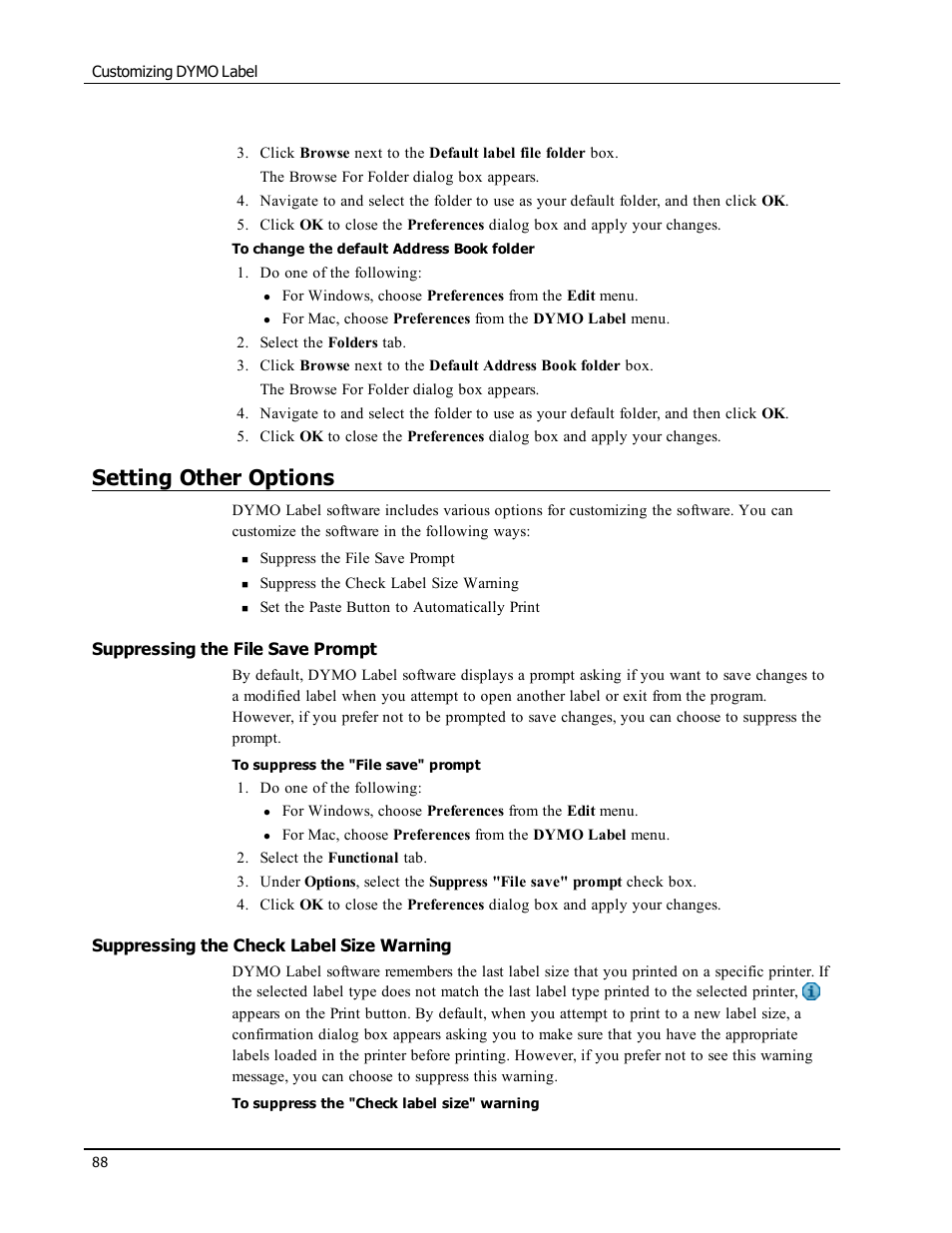 Setting other options, Suppressing the file save prompt, Suppressing the check label size warning | Set other options | Dymo LabelWriter 300,310,320,330 DLS 8 User Manual | Page 96 / 122