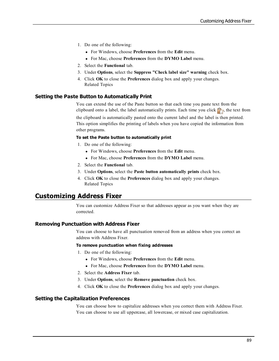 Setting the paste button to automatically print, Customizing address fixer, Removing punctuation with address fixer | Setting the capitalization preferences, Customize address fixer | Dymo LabelWriter 300,310,320,330 DLS 8 User Manual | Page 97 / 122