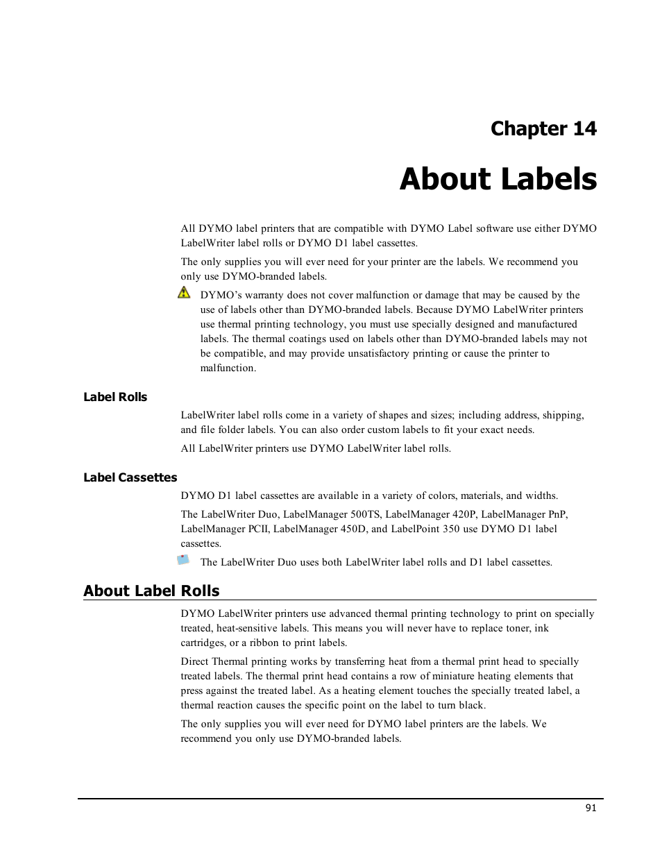 About labels, Label rolls, Label cassettes | About label rolls, Chapter 14 | Dymo LabelWriter 300,310,320,330 DLS 8 User Manual | Page 99 / 122