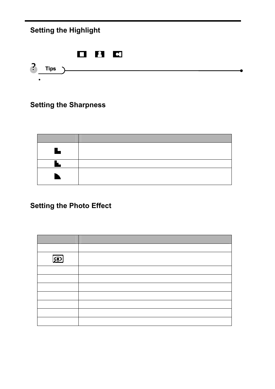 Setting the highlight, Setting the sharpness, Setting the photo effect | Beko BDK 870 User Manual | Page 38 / 62