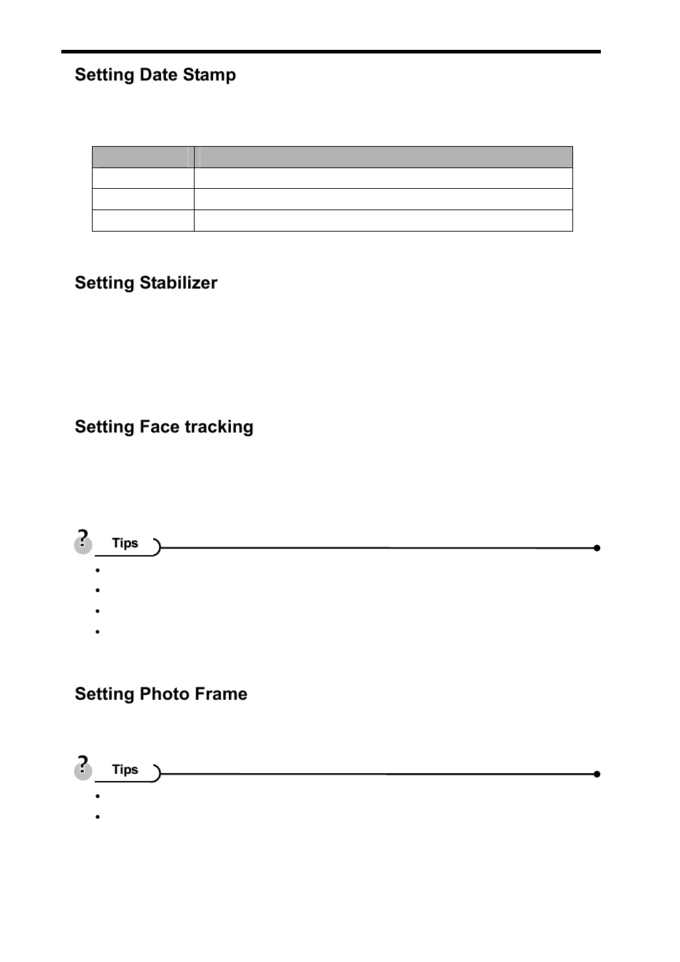 Setting date stamp, Setting stabilizer, Setting face tracking | Setting photo frame | Beko BDK 870 User Manual | Page 39 / 62