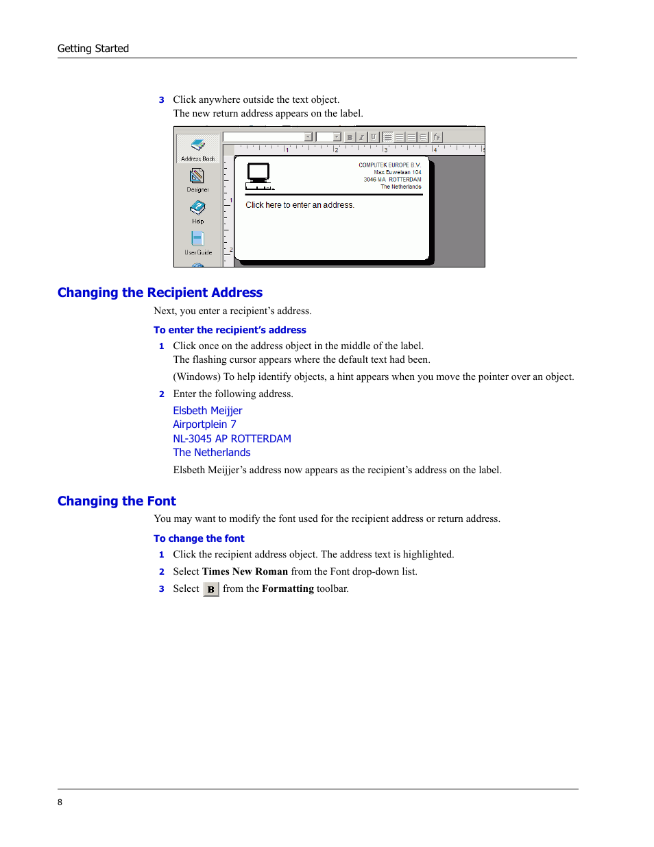 Changing the recipient address, Changing the font | Dymo LabelWriter EL60 User Manual | Page 12 / 38