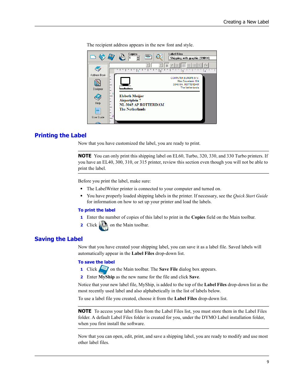 Printing the label, Saving the label | Dymo LabelWriter EL60 User Manual | Page 13 / 38