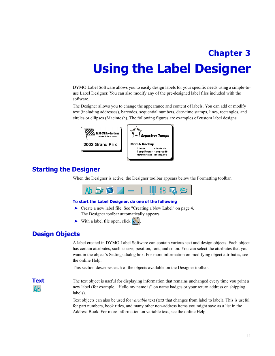 Using the label designer, Starting the designer, Design objects | Chapter 3 | Dymo LabelWriter EL60 User Manual | Page 15 / 38