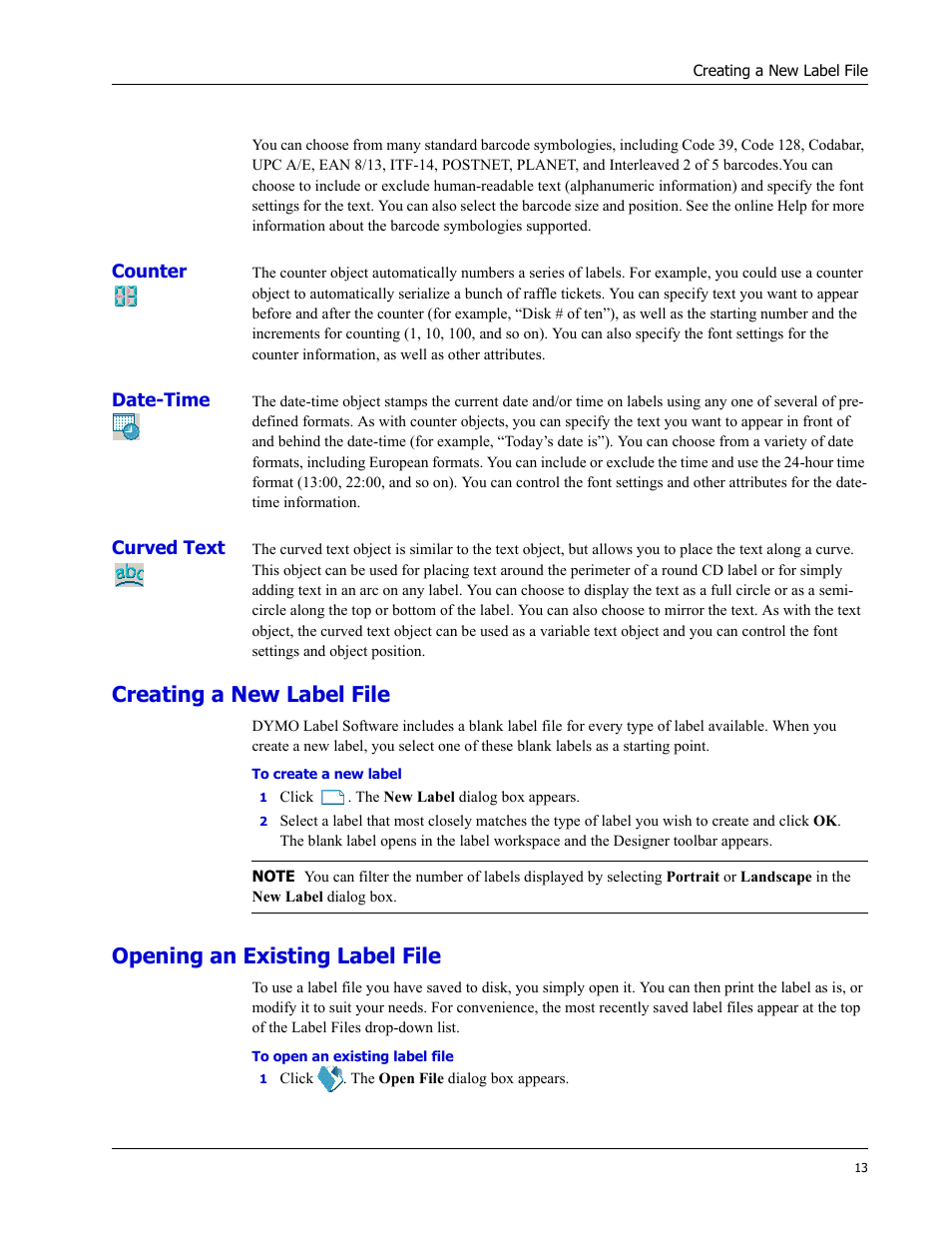 Creating a new label file, Opening an existing label file | Dymo LabelWriter EL60 User Manual | Page 17 / 38