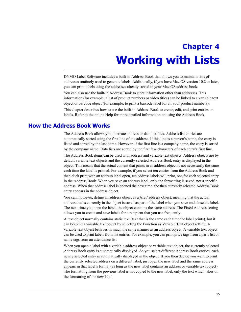 Working with lists, How the address book works, Chapter 4 | Dymo LabelWriter EL60 User Manual | Page 19 / 38