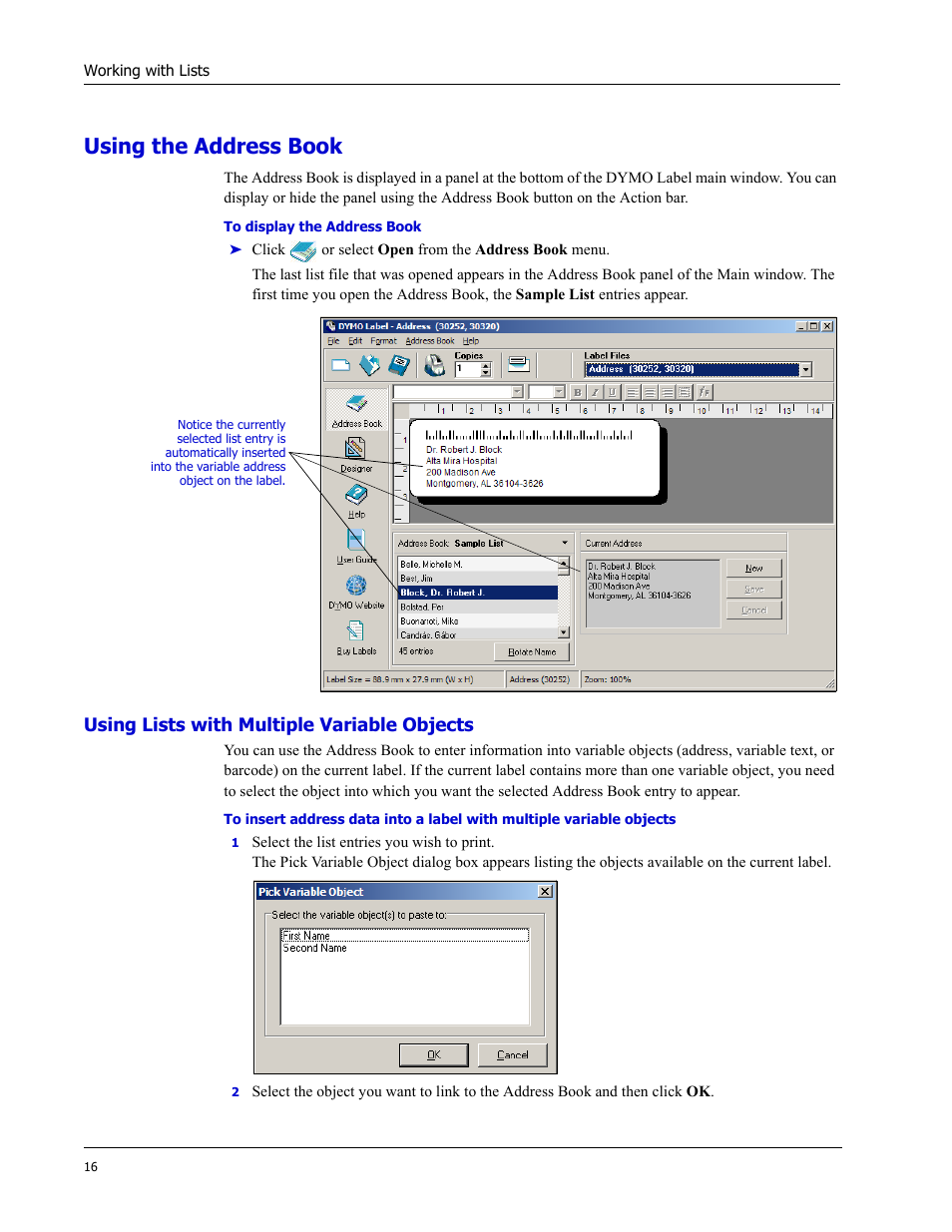 Using the address book, Using lists with multiple variable objects | Dymo LabelWriter EL60 User Manual | Page 20 / 38