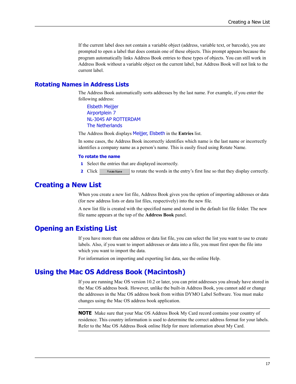 Rotating names in address lists, Creating a new list, Opening an existing list | Using the mac os address book (macintosh) | Dymo LabelWriter EL60 User Manual | Page 21 / 38