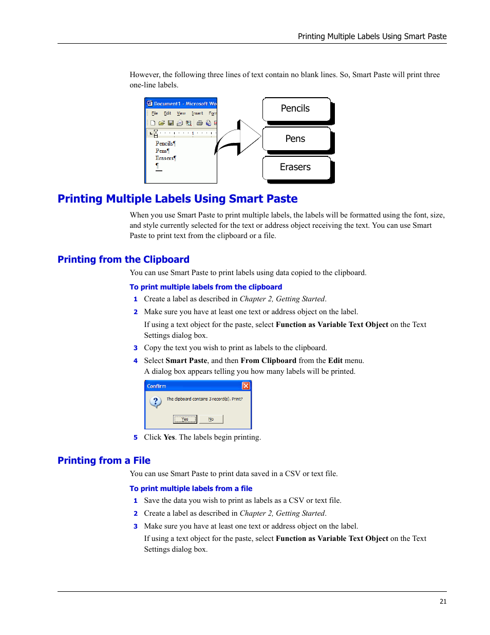 Printing multiple labels using smart paste, Printing from the clipboard, Printing from a file | Dymo LabelWriter EL60 User Manual | Page 25 / 38