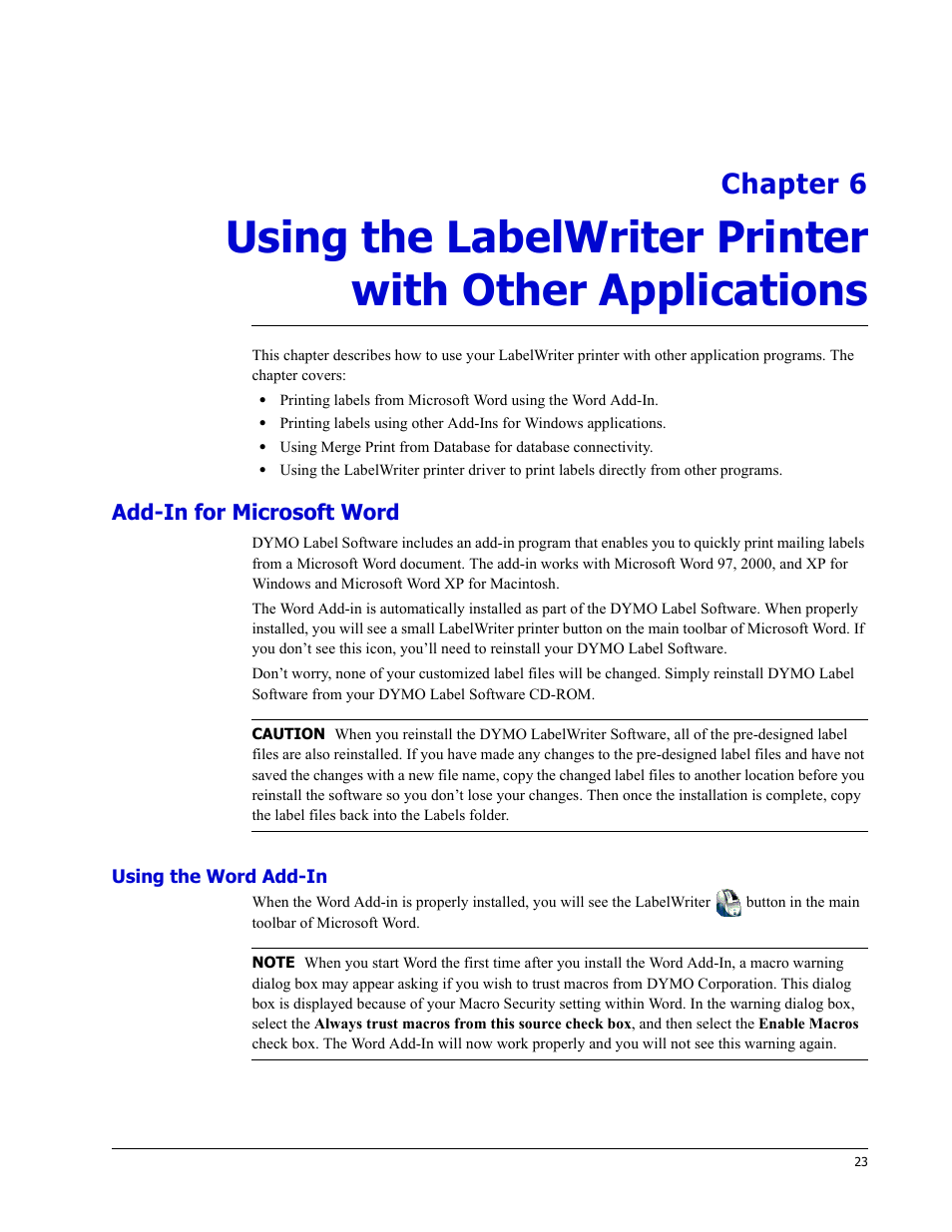 Add-in for microsoft word, Using the word add-in, Chapter 6 | Dymo LabelWriter EL60 User Manual | Page 27 / 38