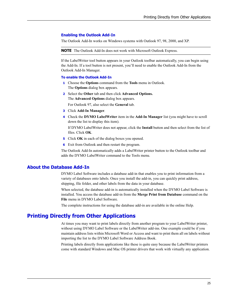 About the database add-in, Printing directly from other applications | Dymo LabelWriter EL60 User Manual | Page 29 / 38