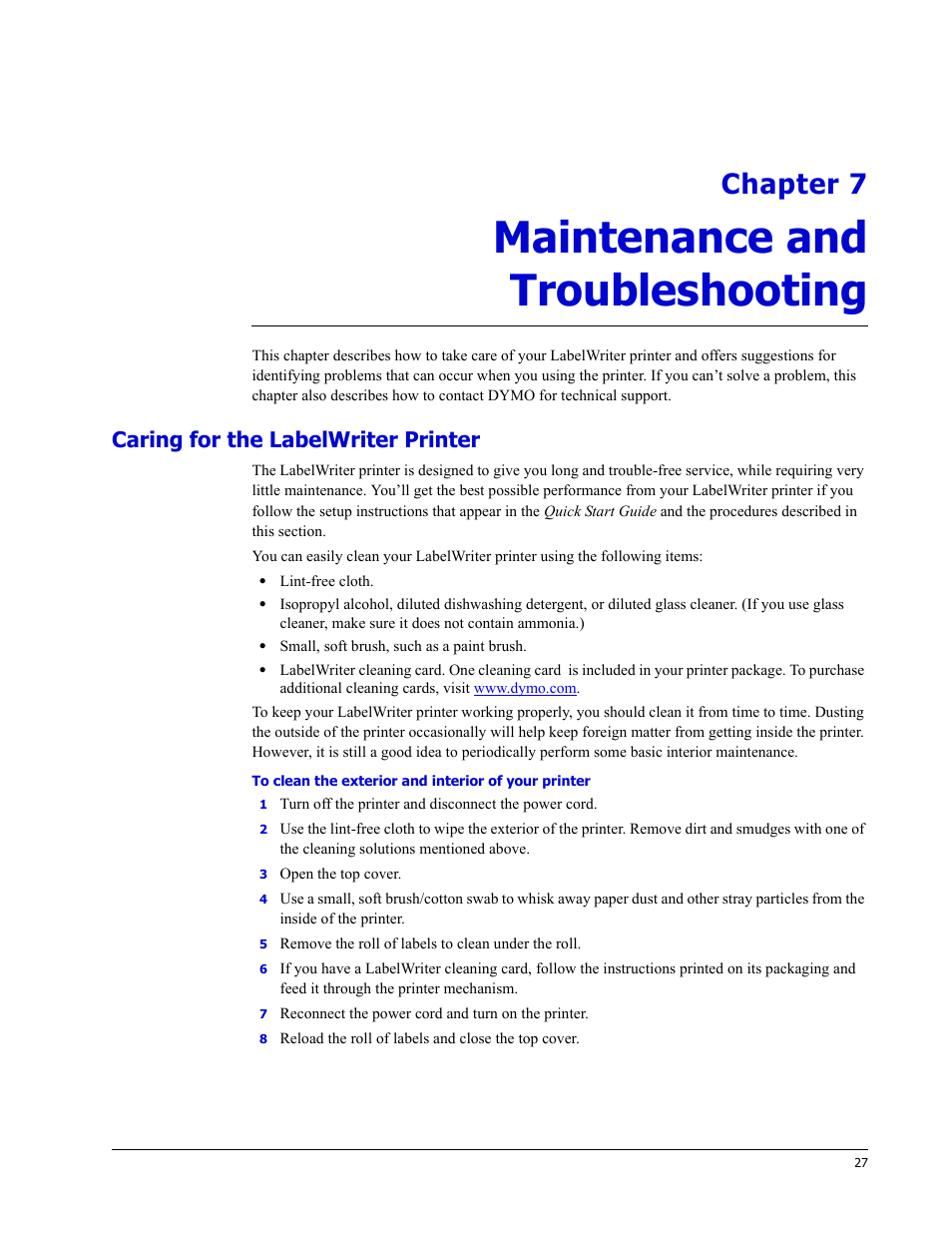 Maintenance and troubleshooting, Caring for the labelwriter printer, Chapter 7 | Dymo LabelWriter EL60 User Manual | Page 31 / 38