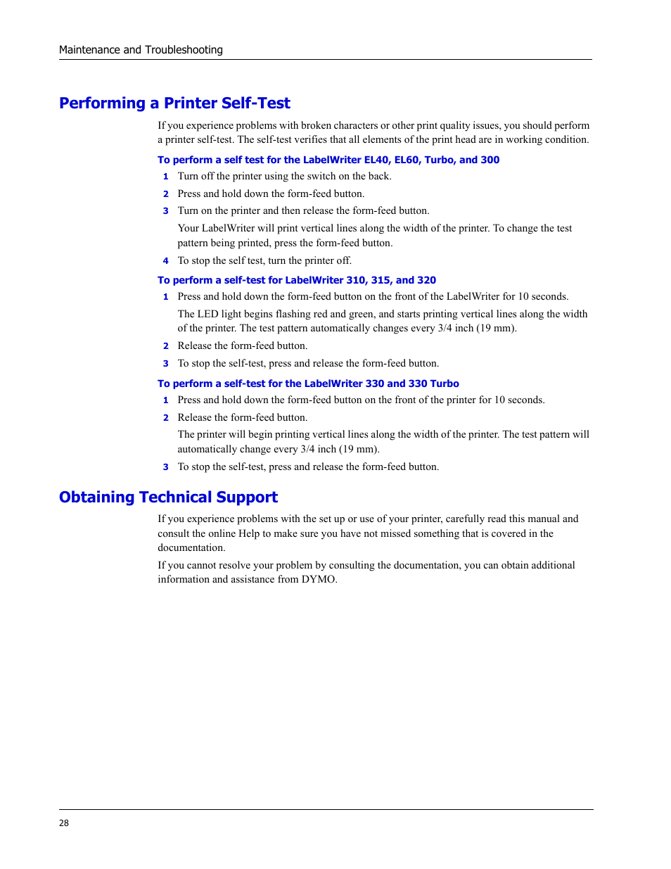 Performing a printer self-test, Obtaining technical support | Dymo LabelWriter EL60 User Manual | Page 32 / 38