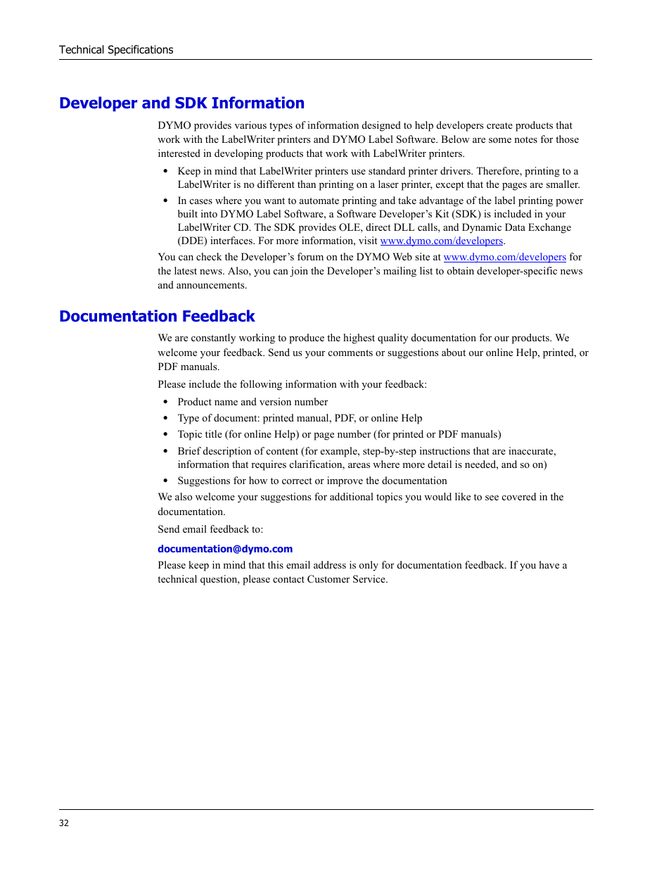 Developer and sdk information, Documentation feedback | Dymo LabelWriter EL60 User Manual | Page 36 / 38