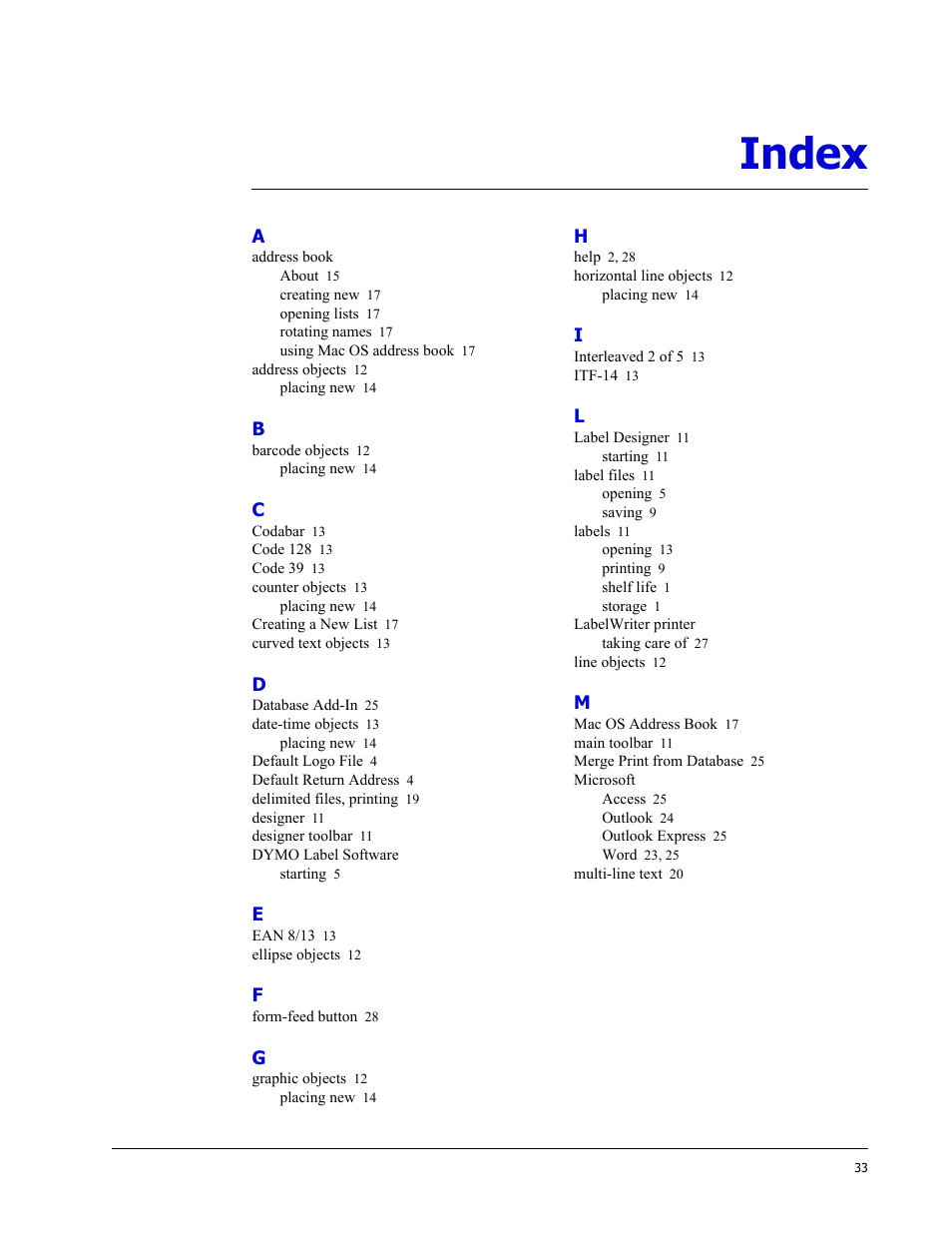 Index | Dymo LabelWriter EL60 User Manual | Page 37 / 38