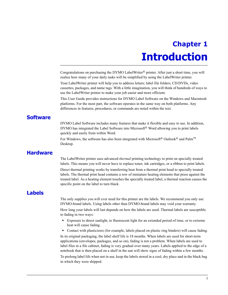 Introduction, Software, Hardware | Labels, Chapter 1 | Dymo LabelWriter EL60 User Manual | Page 5 / 38