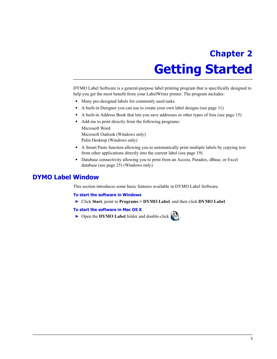 Getting started, Dymo label window, Chapter 2 | Dymo LabelWriter EL60 User Manual | Page 7 / 38