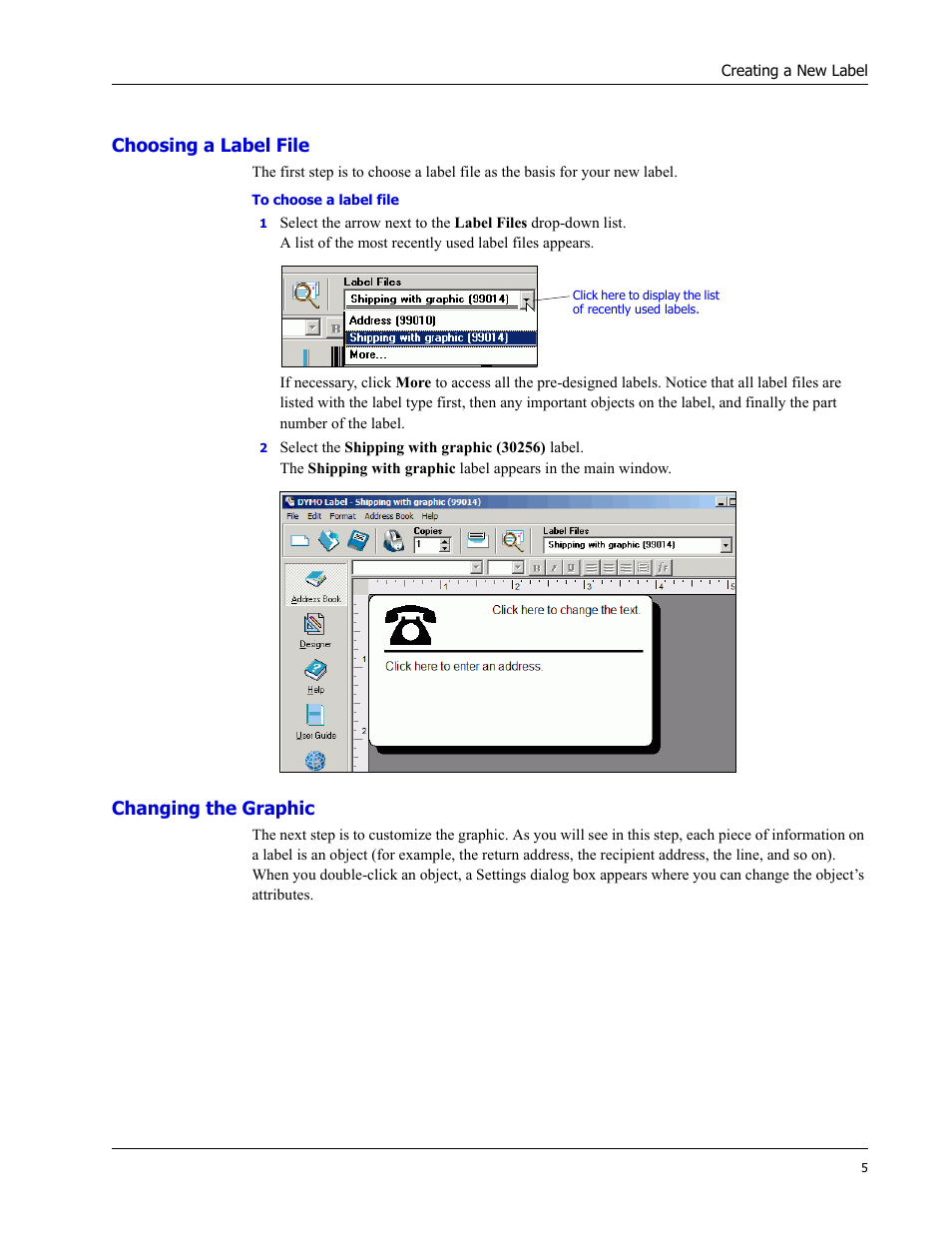 Choosing a label file, Changing the graphic | Dymo LabelWriter EL60 User Manual | Page 9 / 38