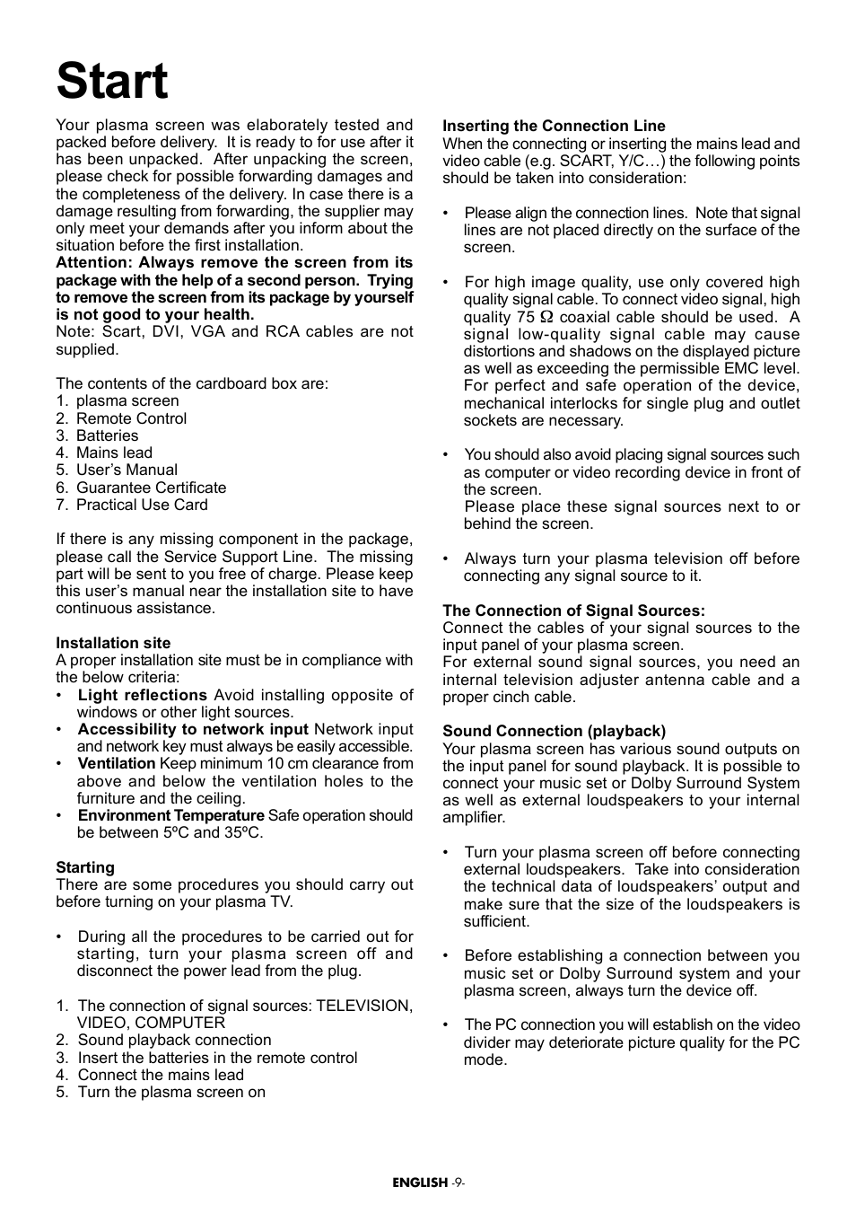 Teletext, List of contents, Start | Important considerations to follow, Product description, External equipment connection, Panel connections, Performing the initial power-on settings, Attention, Tv controls | Beko Plasma TV User Manual | Page 7 / 31