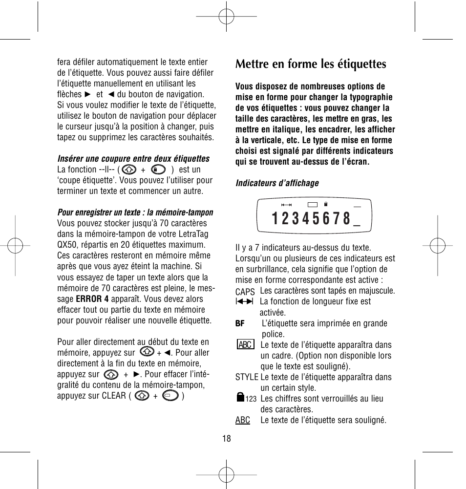 Mettre en forme les étiquettes | Dymo LetraTag QX50 User Manual | Page 18 / 44