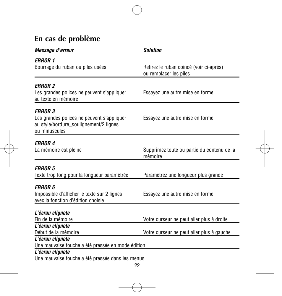 En cas de problème | Dymo LetraTag QX50 User Manual | Page 22 / 44