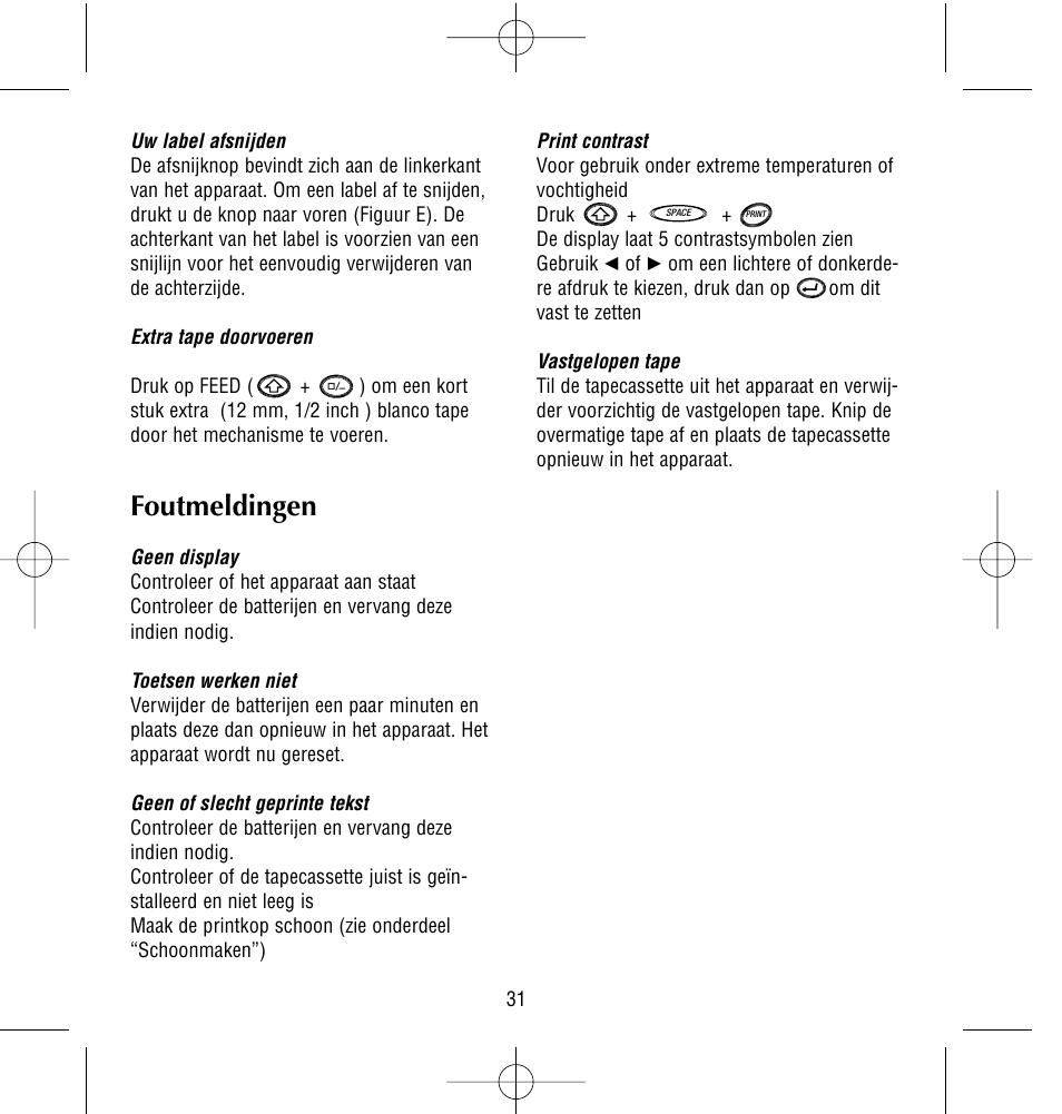 Foutmeldingen | Dymo LetraTag QX50 User Manual | Page 31 / 44