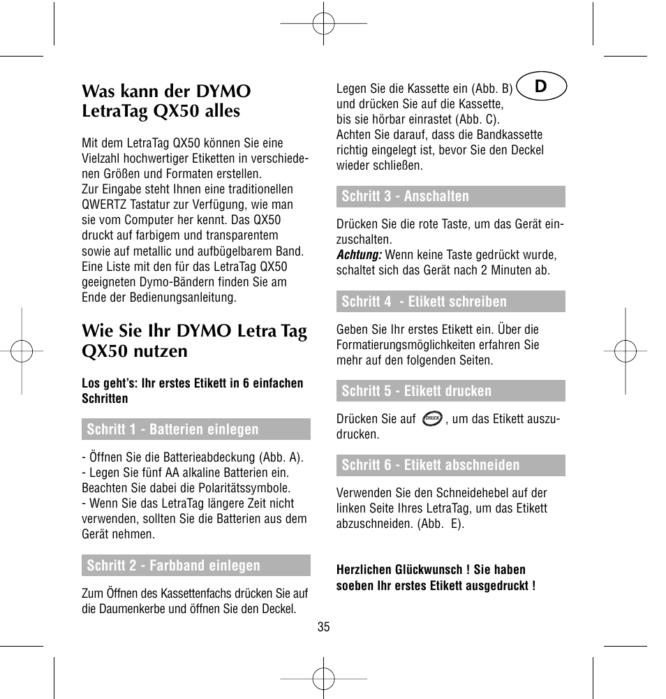 Was kann der dymo letratag qx50 alles, Wie sie ihr dymo letra tag qx50 nutzen | Dymo LetraTag QX50 User Manual | Page 35 / 44