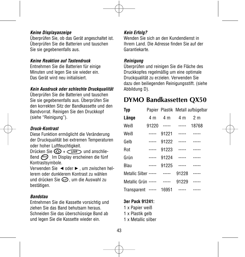 Dymo bandkassetten qx50 | Dymo LetraTag QX50 User Manual | Page 43 / 44
