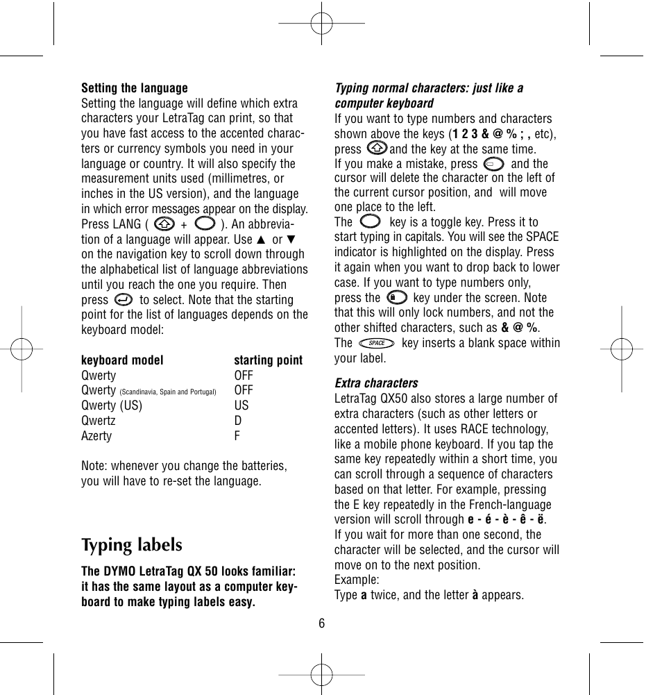 Typing labels | Dymo LetraTag QX50 User Manual | Page 6 / 44