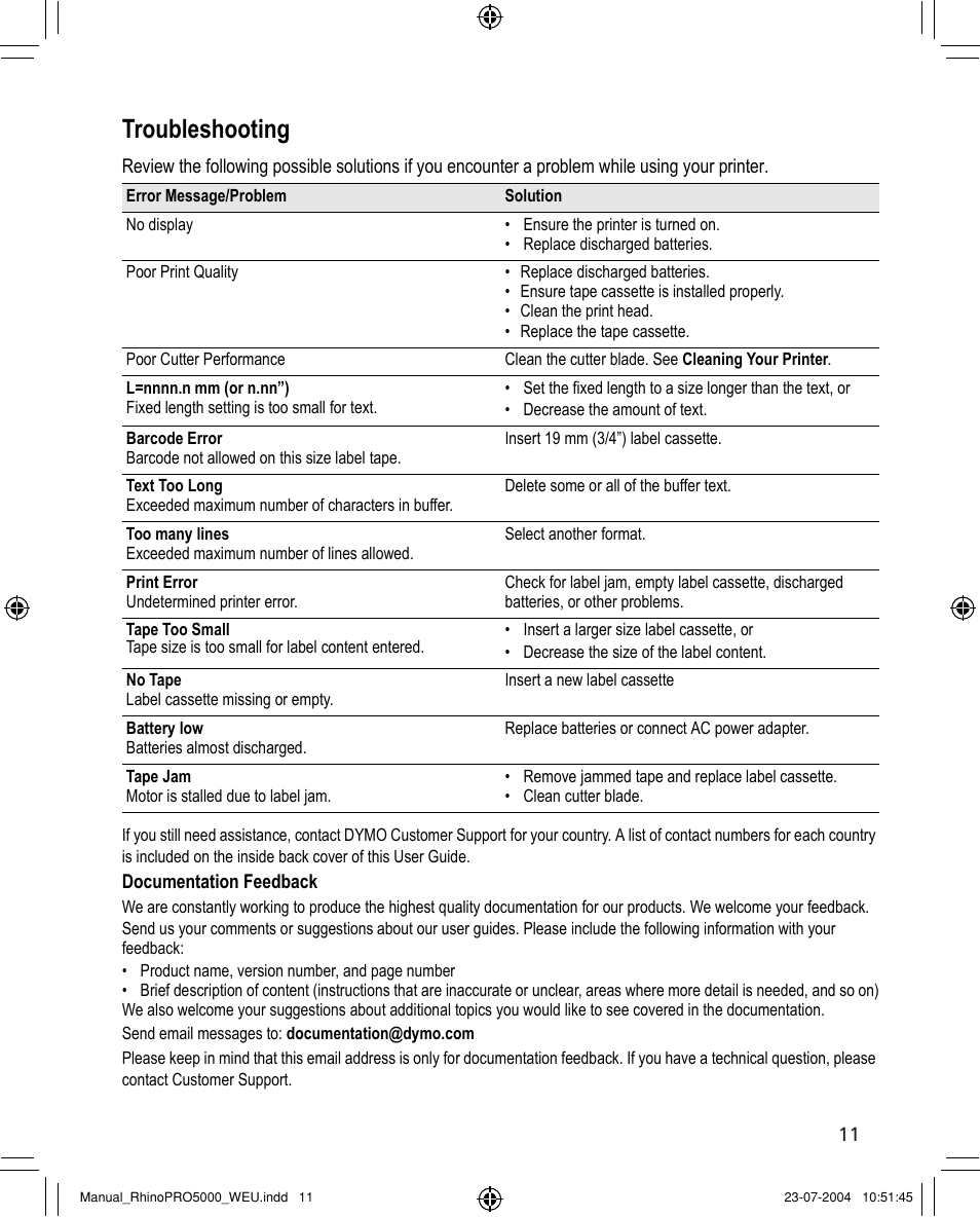 Cleaning your printer, Serializing your labels, Adjusting print quality (advanced) | Troubleshooting | Dymo RHINO 5000 User Manual | Page 11 / 13