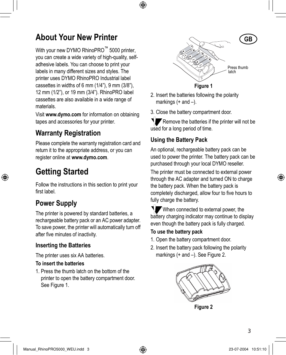 About your new printer, Getting started, Warranty registration | Power supply | Dymo RHINO 5000 User Manual | Page 3 / 13