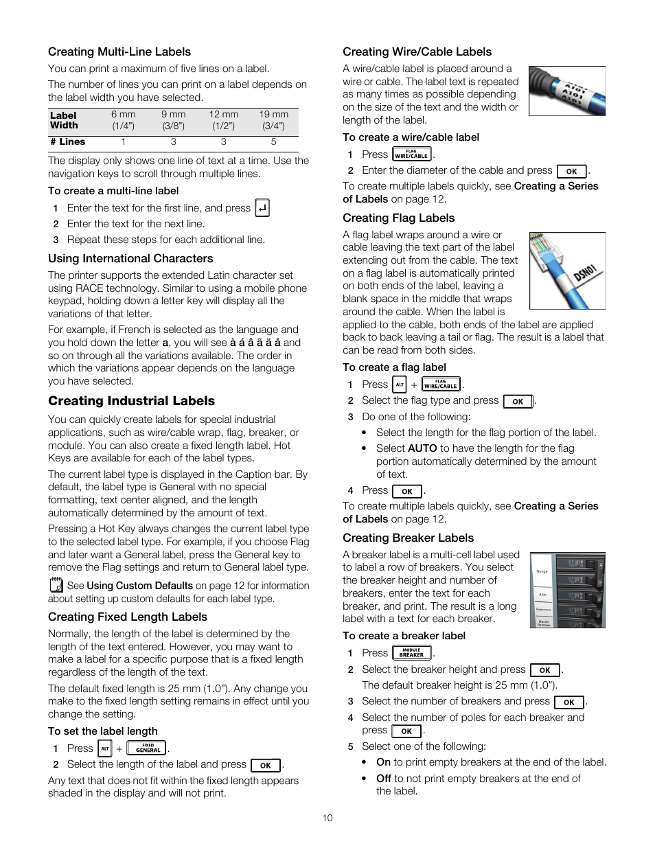 Creating multi-line labels, Using international characters, Creating industrial labels | Creating fixed length labels, Creating wire/cable labels, Creating flag labels, Creating breaker labels | Dymo RHINO 4200 User Manual | Page 11 / 21