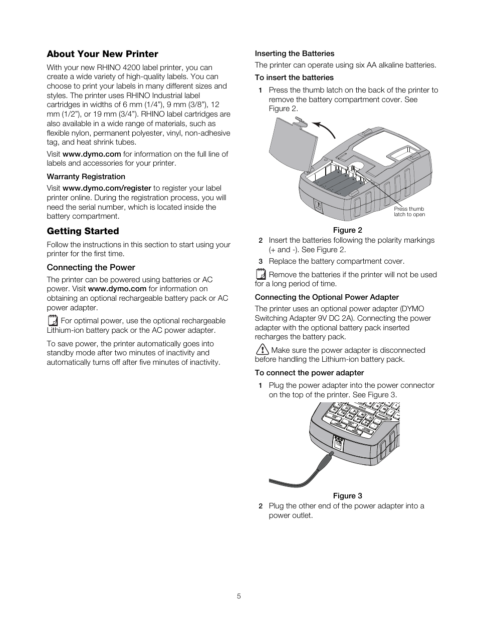 About your new printer, Warranty registration, Getting started | Connecting the power, Inserting the batteries, Connecting the optional power adapter | Dymo RHINO 4200 User Manual | Page 6 / 21