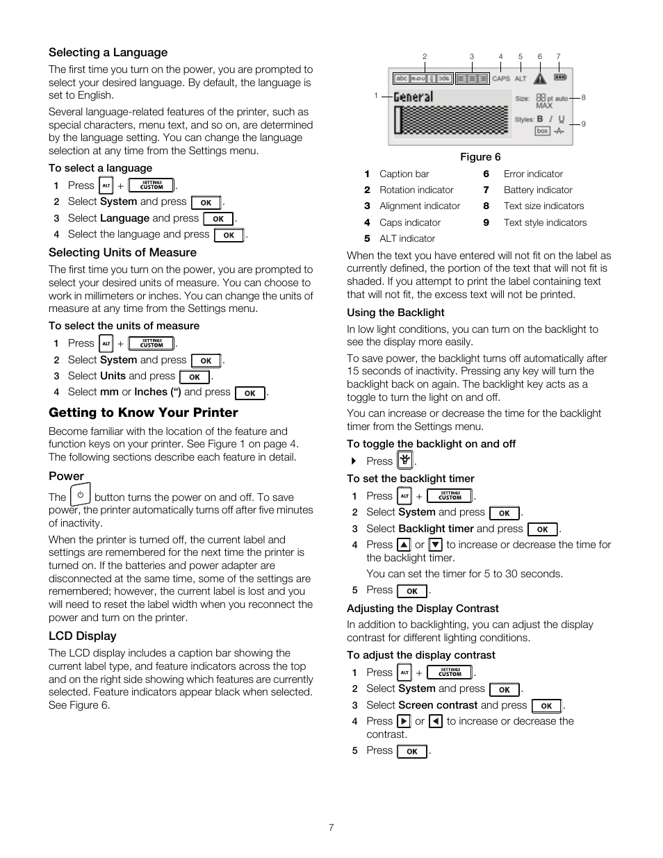 Selecting a language, Selecting units of measure, Getting to know your printer | Power, Lcd display, Using the backlight, Adjusting the display contrast, Selecting a language selecting units of measure, Power lcd display, Using the backlight adjusting the display contrast | Dymo RHINO 4200 User Manual | Page 8 / 21