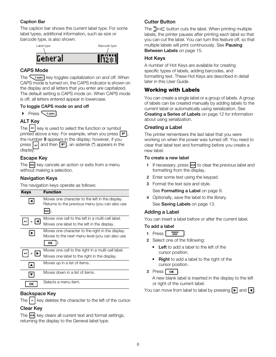 Caption bar, Caps mode, Alt key | Escape key, Navigation keys, Backspace key, Clear key, Cutter button, Hot keys, Working with labels | Dymo RHINO 4200 User Manual | Page 9 / 21