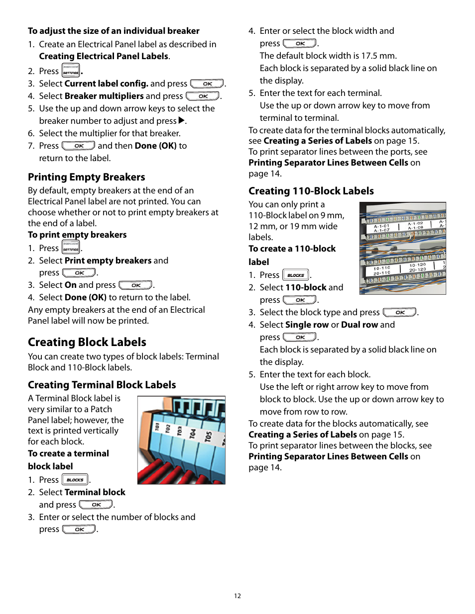 Printing empty breakers, Creating block labels, Creating terminal block labels | Creating 110-block labels | Dymo Rhino 5200 User Manual | Page 12 / 24