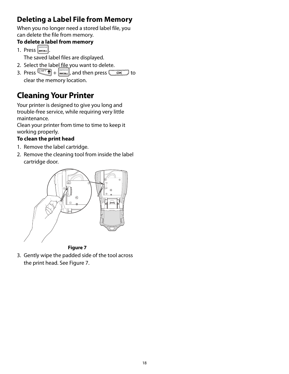 Deleting a label file from memory, Cleaning your printer | Dymo Rhino 5200 User Manual | Page 18 / 24