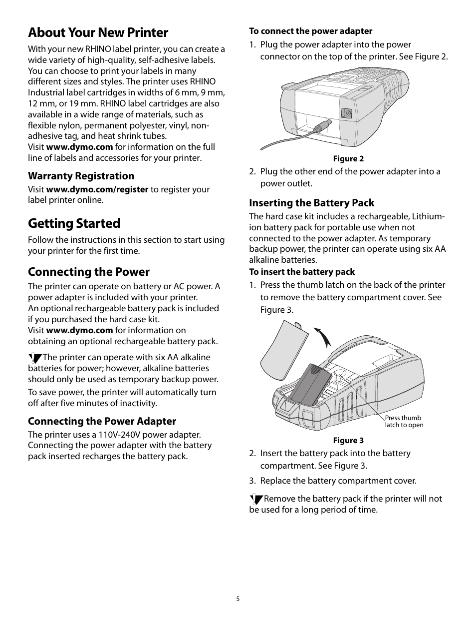 About your new printer, Getting started, Connecting the power | Connecting the power adapter, Inserting the battery pack, About your new printer getting started | Dymo Rhino 5200 User Manual | Page 5 / 24
