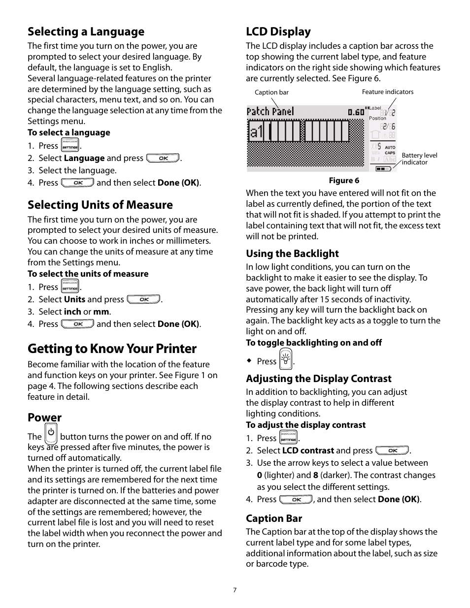 Selecting a language, Selecting units of measure, Getting to know your printer | Power, Lcd display, Using the backlight, Adjusting the display contrast, Caption bar, Selecting a language selecting units of measure, Power lcd display | Dymo Rhino 5200 User Manual | Page 7 / 24